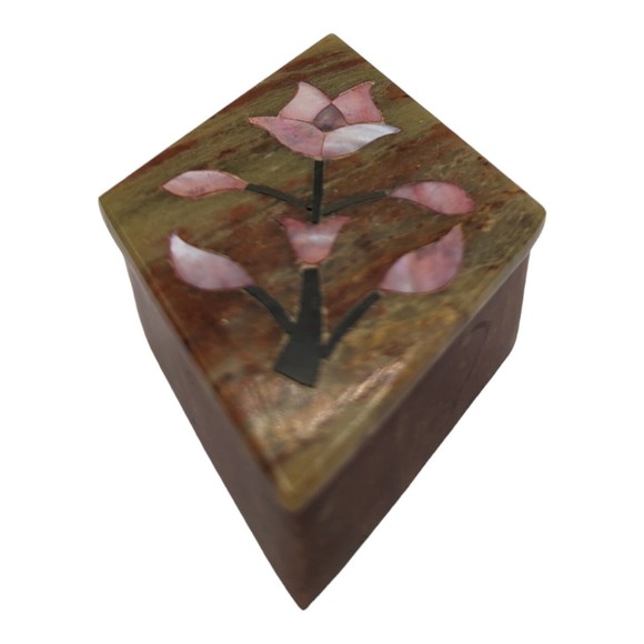 Other - VTG Soapstone Hand Carved Trinket Box Pink MOTHER OF PEARL Inlay Diamond Shape